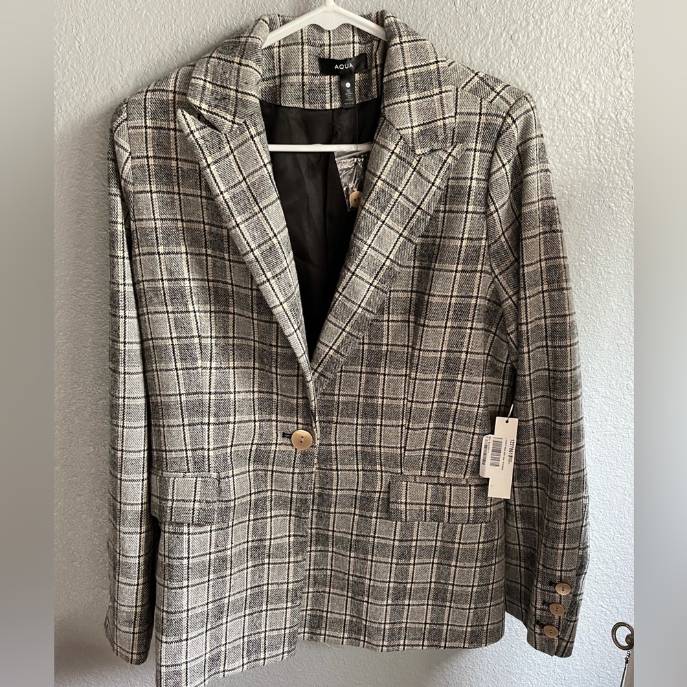 NWT Aqua  Women’s metallic plaid work blazer black/white/gold size Large